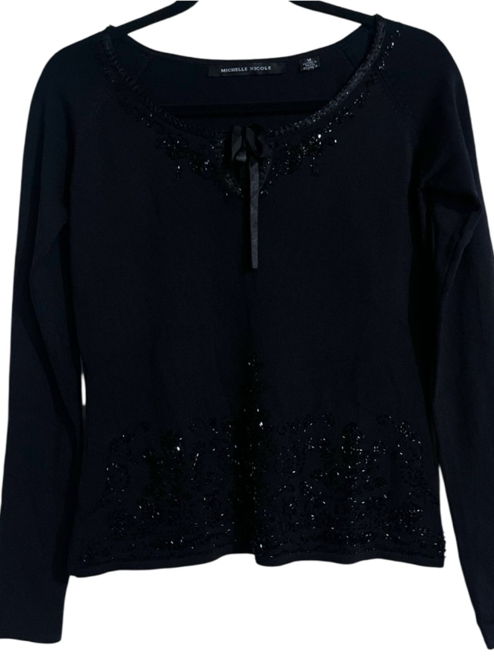 Y2K Michelle Nicole Ribbed Knit Beaded Bow Top Medium